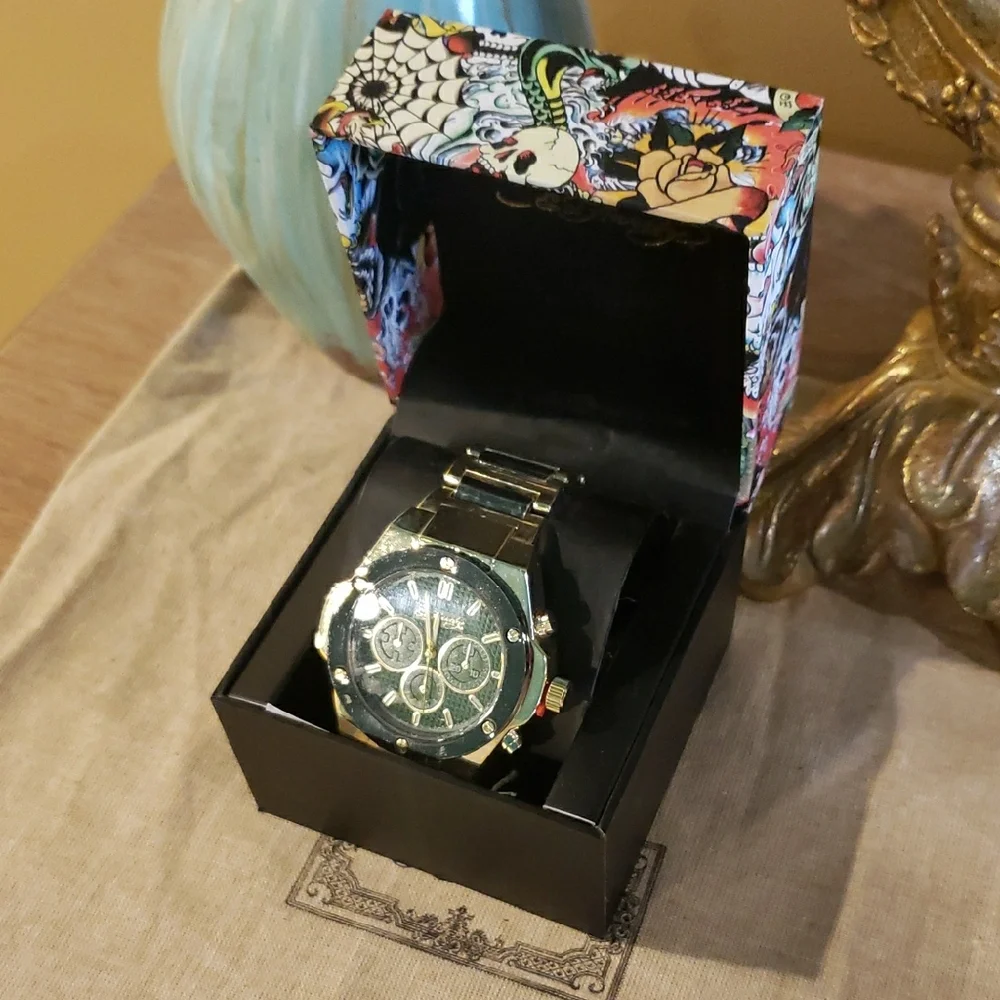 ED HARDY Men's Brushed Gold-Tone Metal Bracelet Watch 52mm - Picture 6 of 7